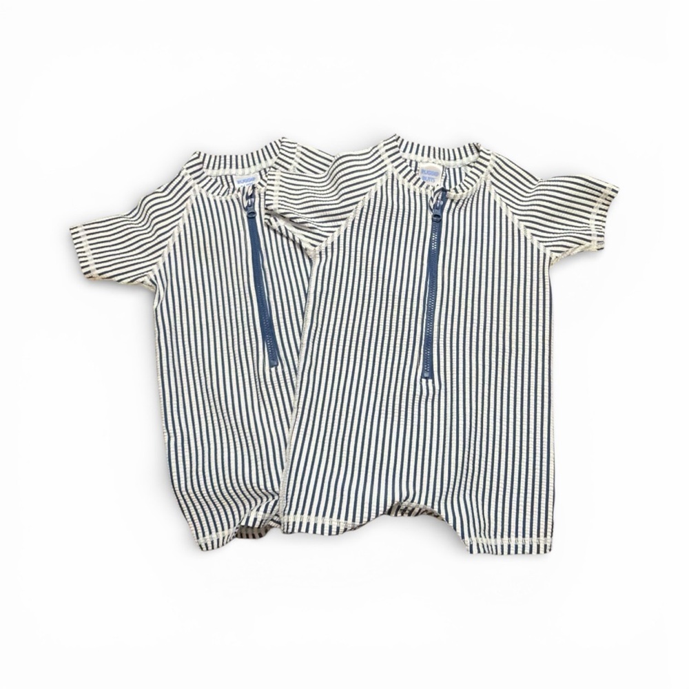 Rugged Butts Zip Front Seersucker Blue & White Striped Kids Swim Romper. 6-12mo.